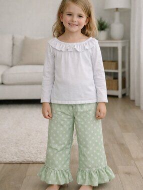 Shrimp & Grits Outfit Set Wide Leg Pants Polka Dot Ruffle Collar Shirt Size 6